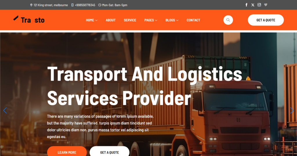 Transport and logistics website displaying global shipment tracking and premium delivery capability for transport company clients