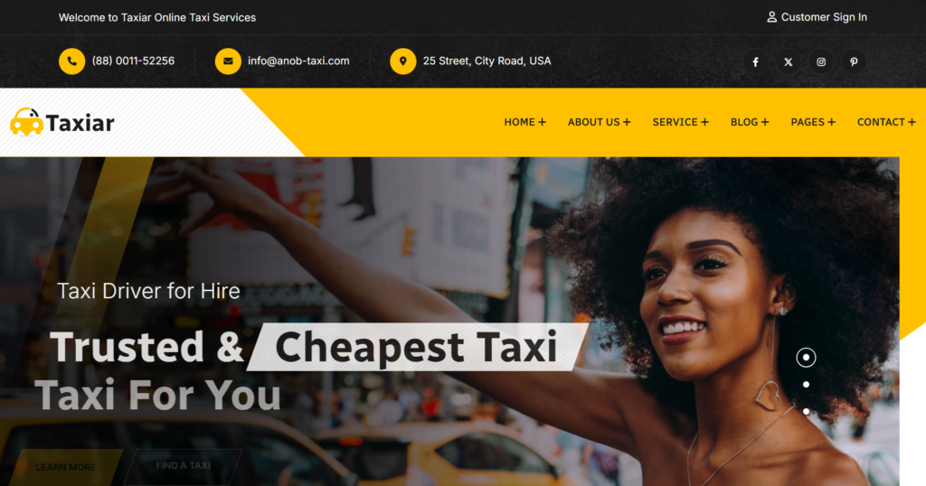 Modern online taxi booking website design for automotive and car business services featuring seamless driving technology.