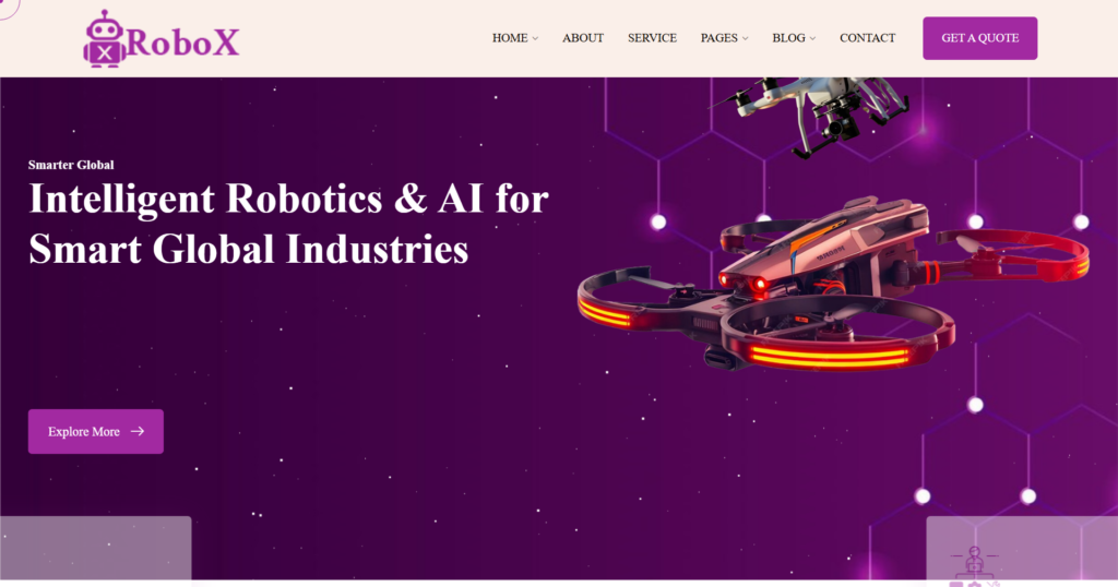 Modern robotics technology website design for corporate agency and business featuring AI software solution and IT consulting.