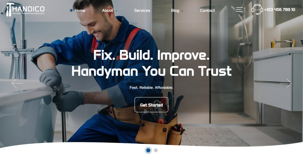 Reliable handyman website design showing home repair capabilities, clear maintenance price lists, and local electrician and plumbing contact information.