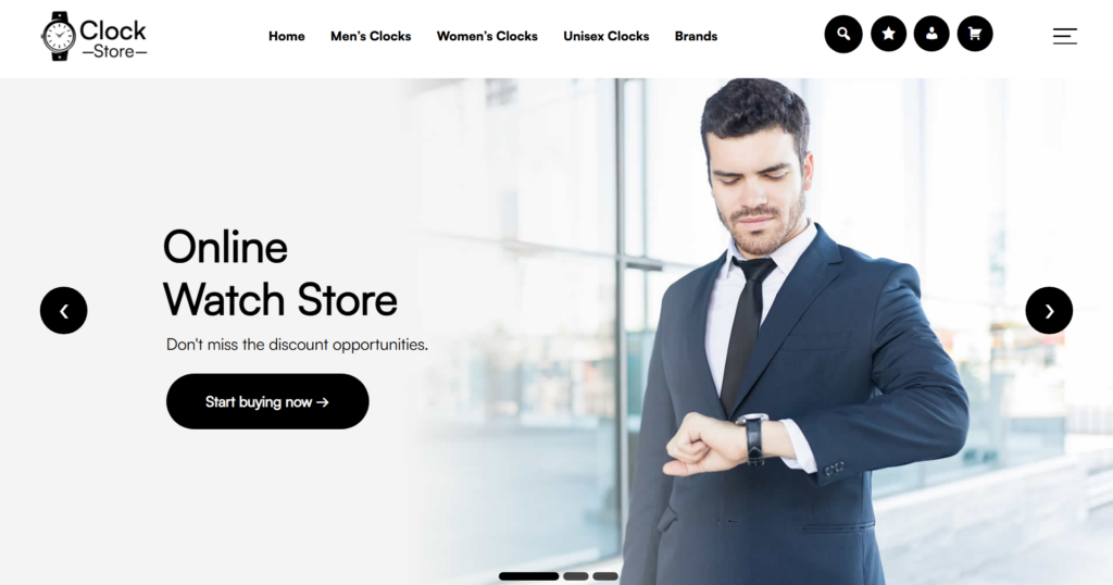Minimalist clock shop ecommerce website design showcasing modern wall clocks and wrist watches, prioritising clean aesthetic and high-resolution product photography.