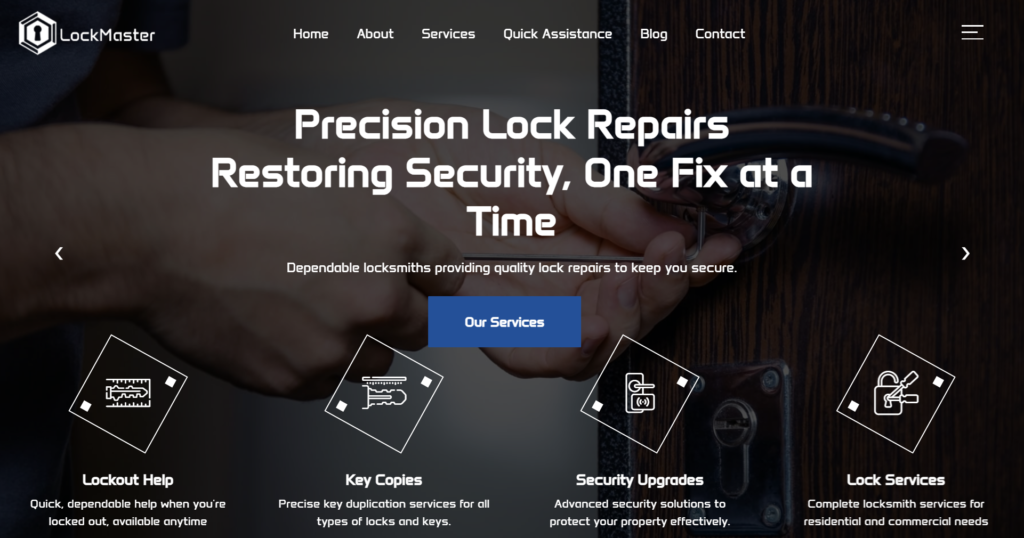 Security focussed locksmith company website design featuring CCTV installation and home security repair services, optimised for rapid emergency lock service response.