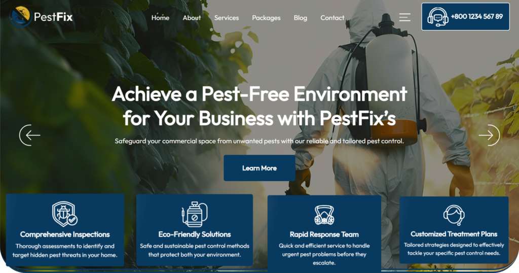 pest control website design for local pest removal company showing emergency service availability