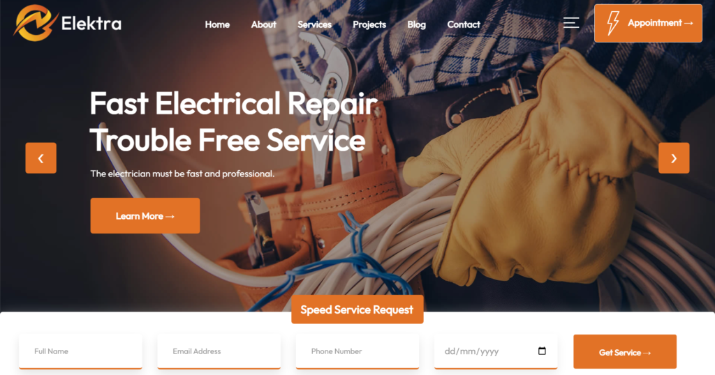Electrical services website design for a UK electric company focusing on industrial power, solar, and construction maintenance.