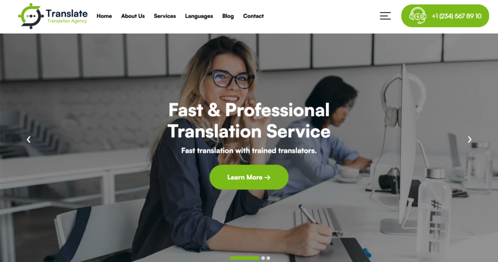 Premier translation agency website design offering academic, corporate, and technical translation services with robust project management platforms.