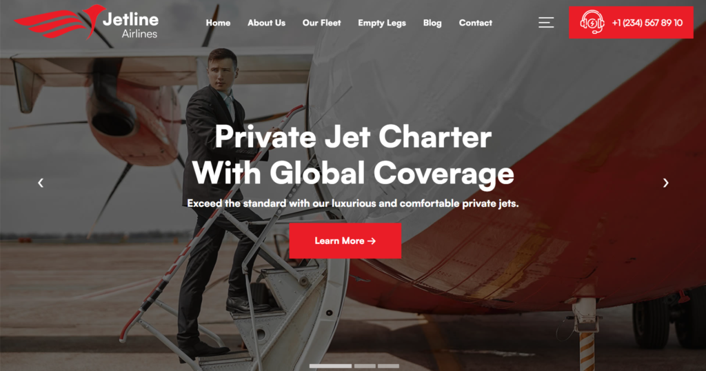 Airline website design for adventure travel booking platform featuring aircraft charter and premium destination gallery.