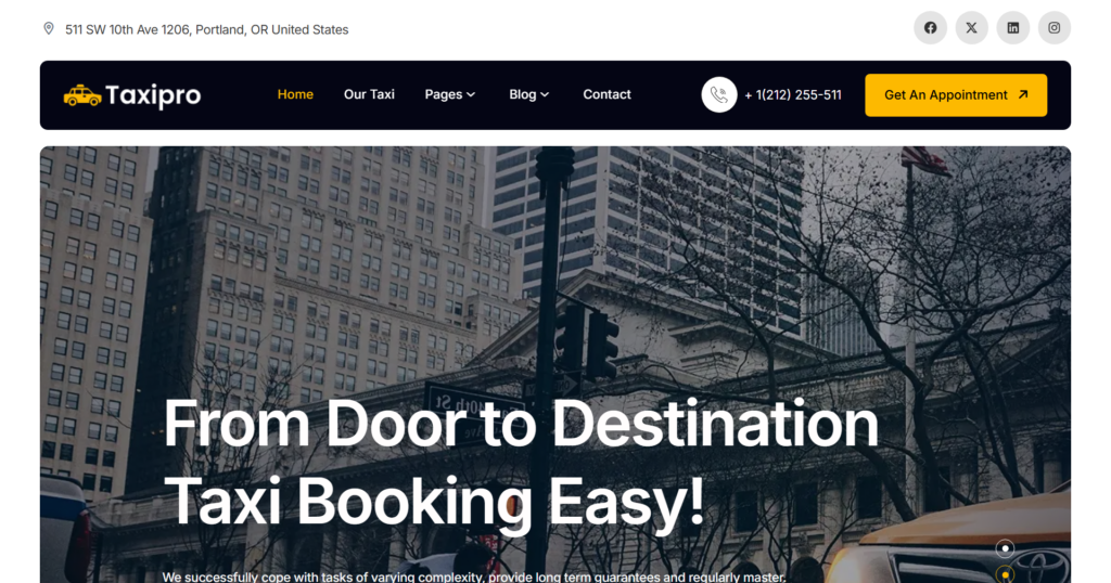 Advanced taxi booking website design featuring online cab reservation systems, ride booking, and transportation dispatch for taxi companies.
