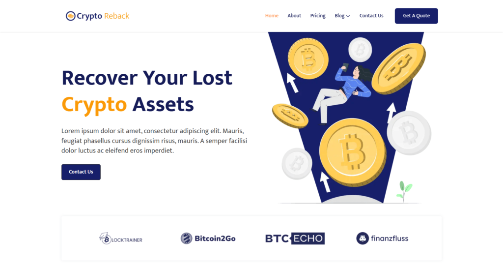 Crypto Recovery Services website design featuring secure protocols for lost crypto recovery and digital asset management.