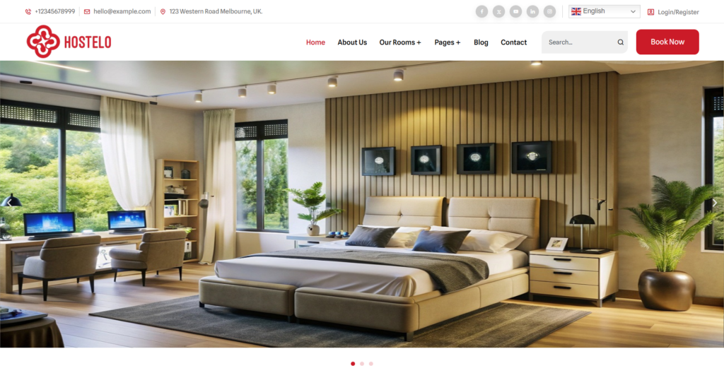 Hostel Dormitory Hall Boarding House Residence Booking website design showing accommodation reservation and lodging management system.