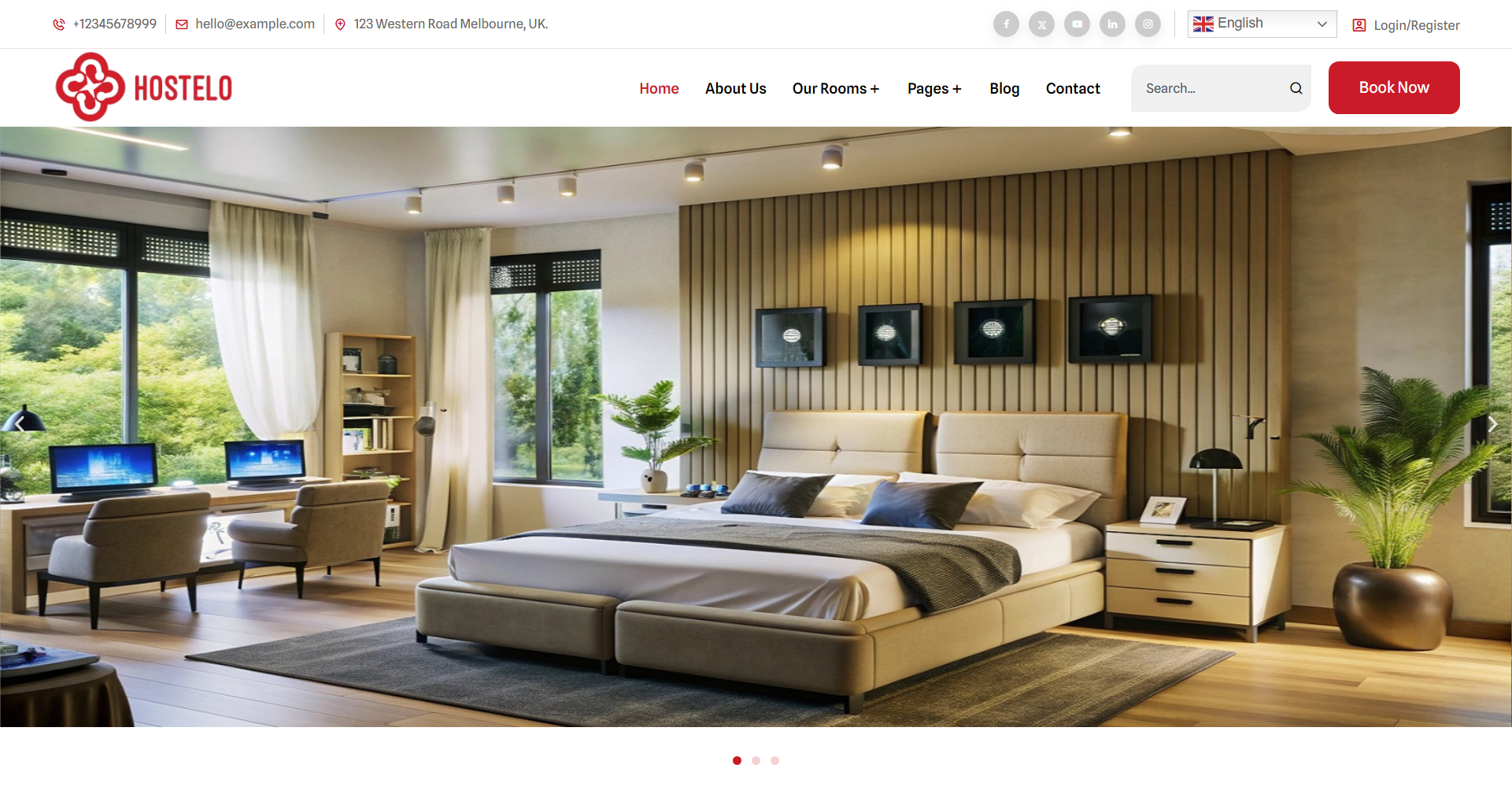 Hostel Dormitory Hall Boarding House Residence Booking website design showing accommodation reservation and lodging management system.