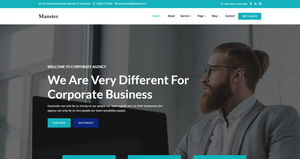 Corporate Advisor Agency Business website design featuring financial consulting, clean technology presentation, and SEO marketing solutions.