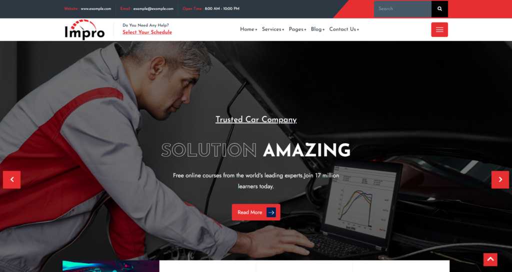 Car repair website design for an auto center showcasing vehicle maintenance, transmission, and mechanic expertise