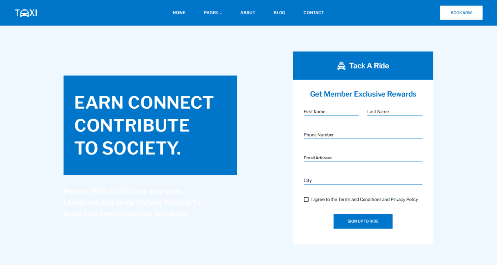 Urban Taxi Transportation Website Design facilitating instant cab service booking and chauffeur service management.