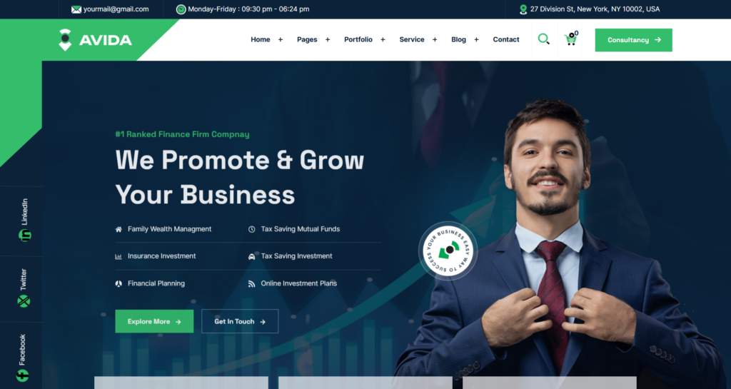 Modern finance and consulting website design, showing corporate solutions, financial advisory services, and technology integration capabilities.