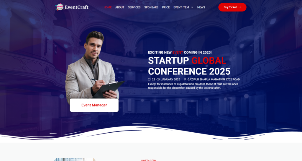 Modern conference and event planner website design, showcasing corporate technology integration, business celebrations, marketing services, and comprehensive event management.