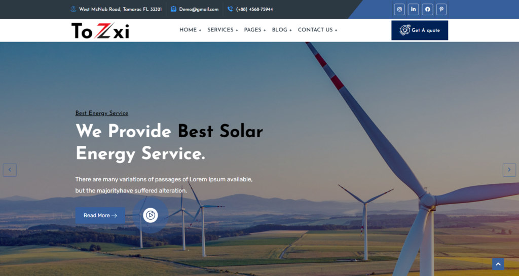 Professional renewable energy website design showcasing solar battery installation, wind power projects, and alternative energy solutions