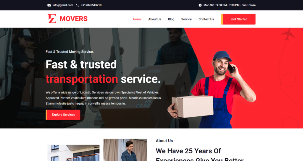 EZ Movers Versatile Movers and Packers website design for UK transport company, corporate logistics, cargo shipping, and secure freight services.