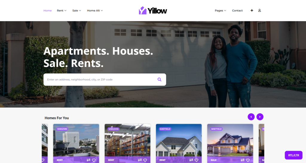 Real Estate Yillow website design featuring property listings, house and apartment searching, ideal for reservation focused travel estate.