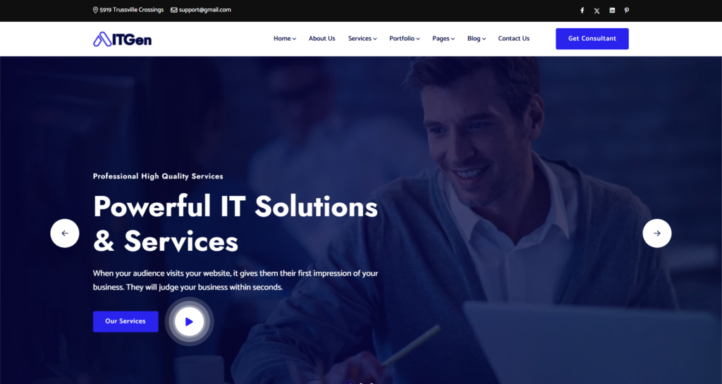 Technology IT solutions website design service featuring artificial intelligence and cyber security themes.