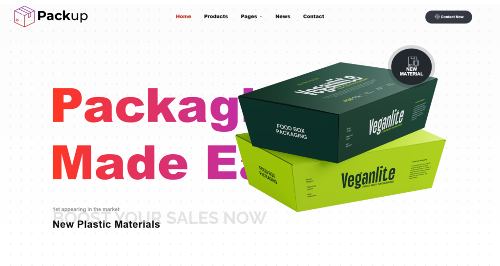 Packaging and material website design service showing industrial production and delivery themes.