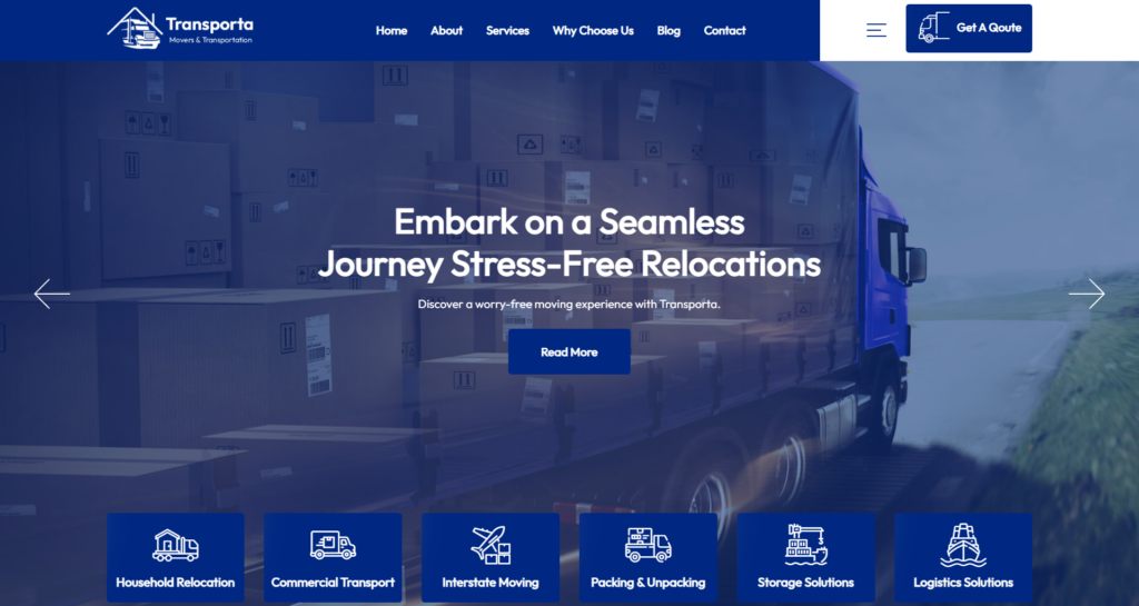 Movers website design service showing a cargo transport and logistics company portal.