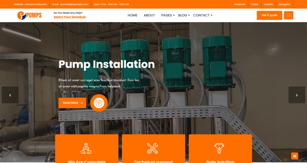 Pump motor repair website design service featuring industrial equipment maintenance and engine service.
