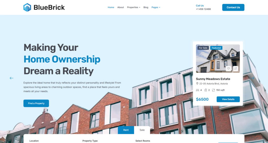 Real estate website design service showing property listings and house management portals.