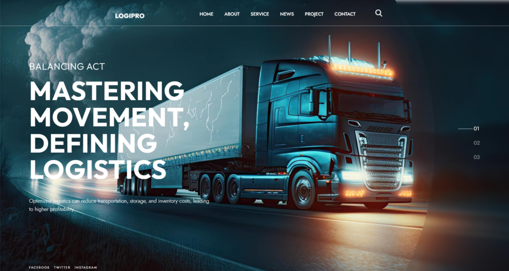 Logistics website design service layout showing real-time cargo tracking and fleet management dashboard.