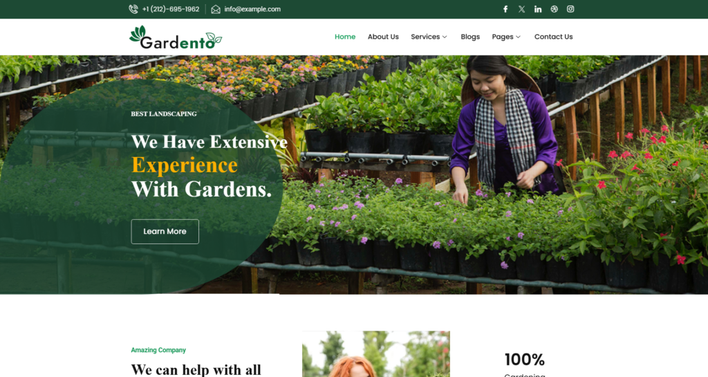 Professional landscaping website design service featuring a high-resolution gallery of garden transformations and lawn care services.
