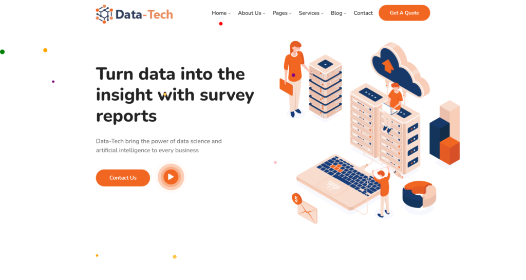 Expert technology website design service displaying a data analytics dashboard with artificial intelligence icons and sleek coding interfaces.