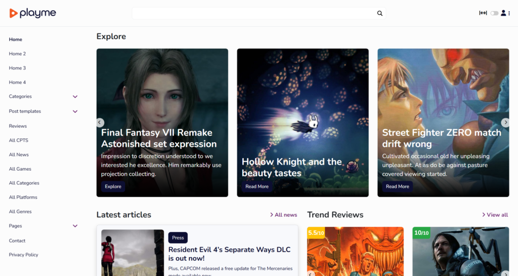 Gaming News Website Design displaying video game database and reviews