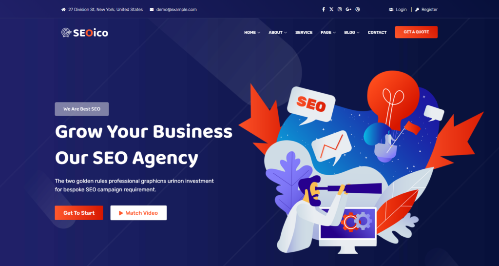 Digital Marketing Website Design showing SEO analytics and social media tools