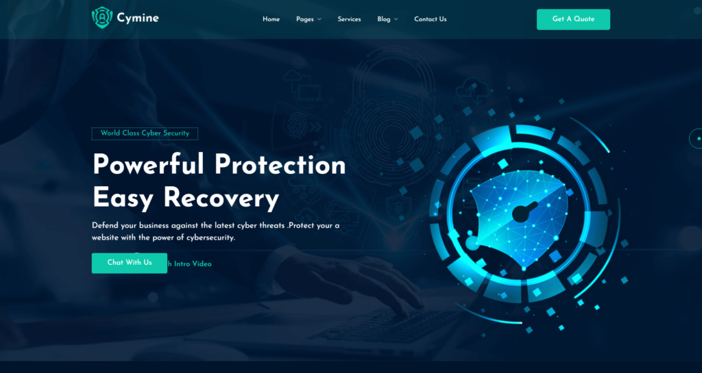 Powerful cyber security website design for corporate agency and business, focusing on protection, safety, software, and IT technology integration.