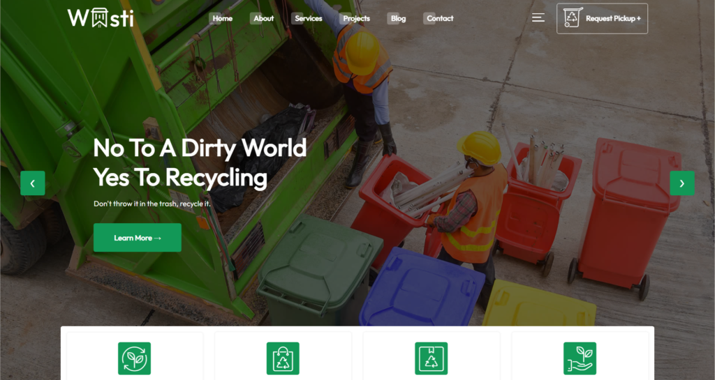 Waste collection website design for a disposal services company focused on recycling, repair, and house maintenance business.