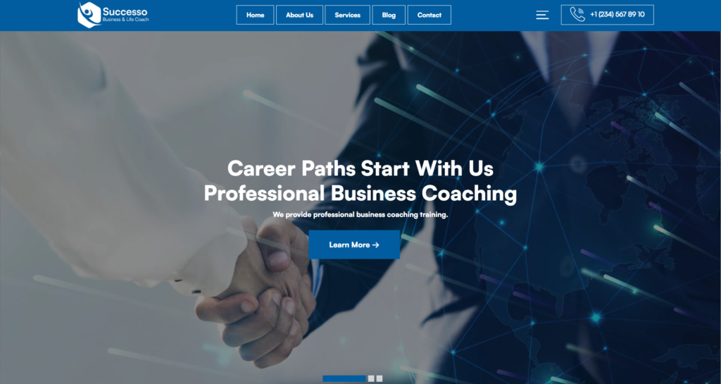 Reliable business coach website design focused on career development, corporate consulting, and life coach services for professional startups and companies.