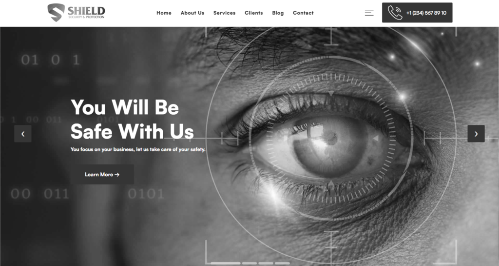 Security protection website design for a business offering alarm systems, corporate guard, safety, and safeguard solutions.