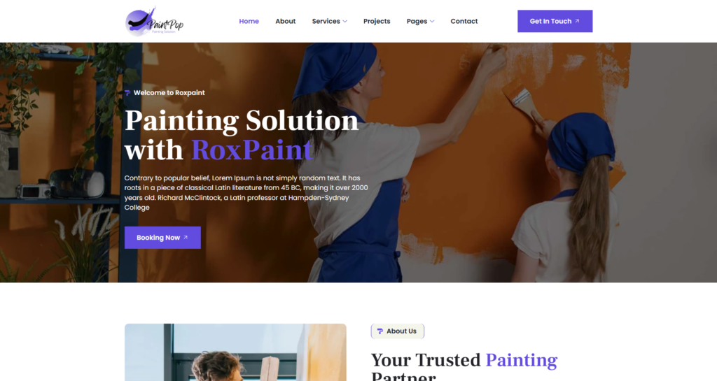 Professional painting company website design for UK painters, showcasing interior gallery, house renovation, and maintenance repair services.