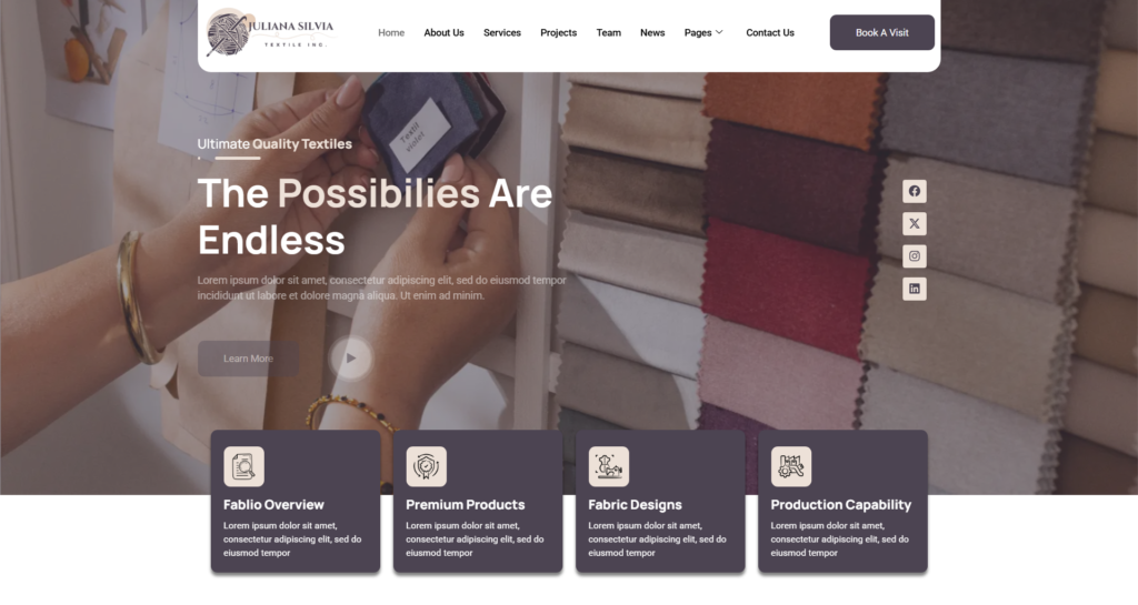 Modern Textile industry website design for clothing and fashion accessories portfolio
