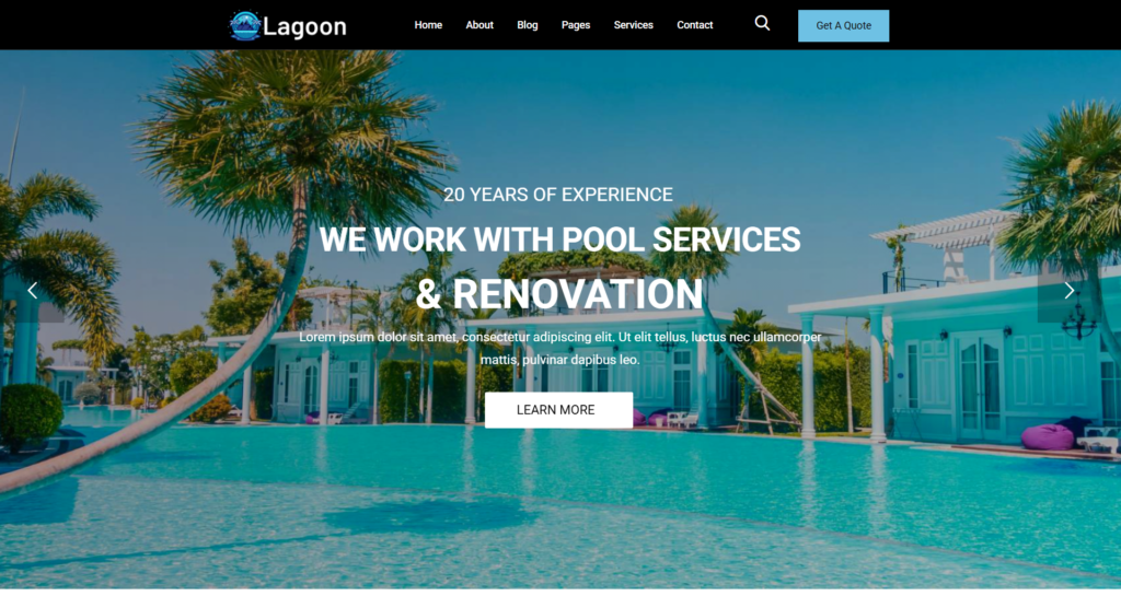 Pool repair and maintenance service website design, featuring cleaning schedules, plumbing services, decorative elements, and mobile booking software integration.