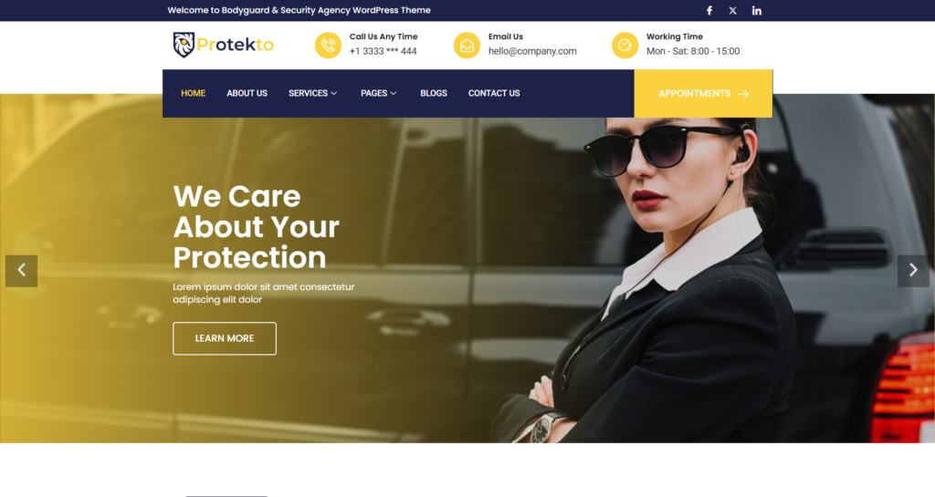 Professional security agency website design emphasising close protection, cyber security, and CCTV surveillance expertise
