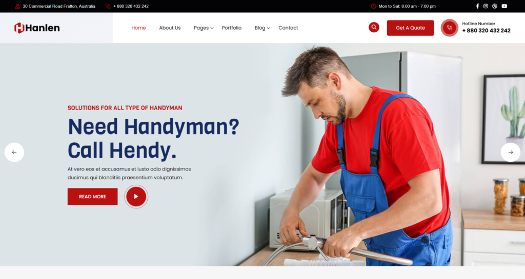 Handyman Services & Repair website design focusing on local UK house maintenance, plumbing, roofing, and electrician repair bookings.