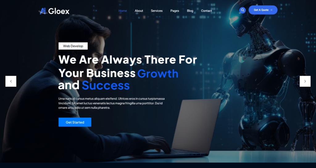 Minimal ai agency website design for technology company, detailing artificial intelligence consulting and corporate software solutions.