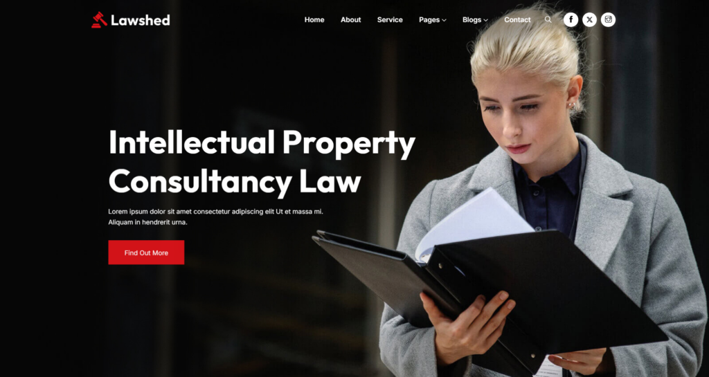 Professional law firm website design for barrister, lawyer, and attorney, detailing legal consulting and intellectual property services.
